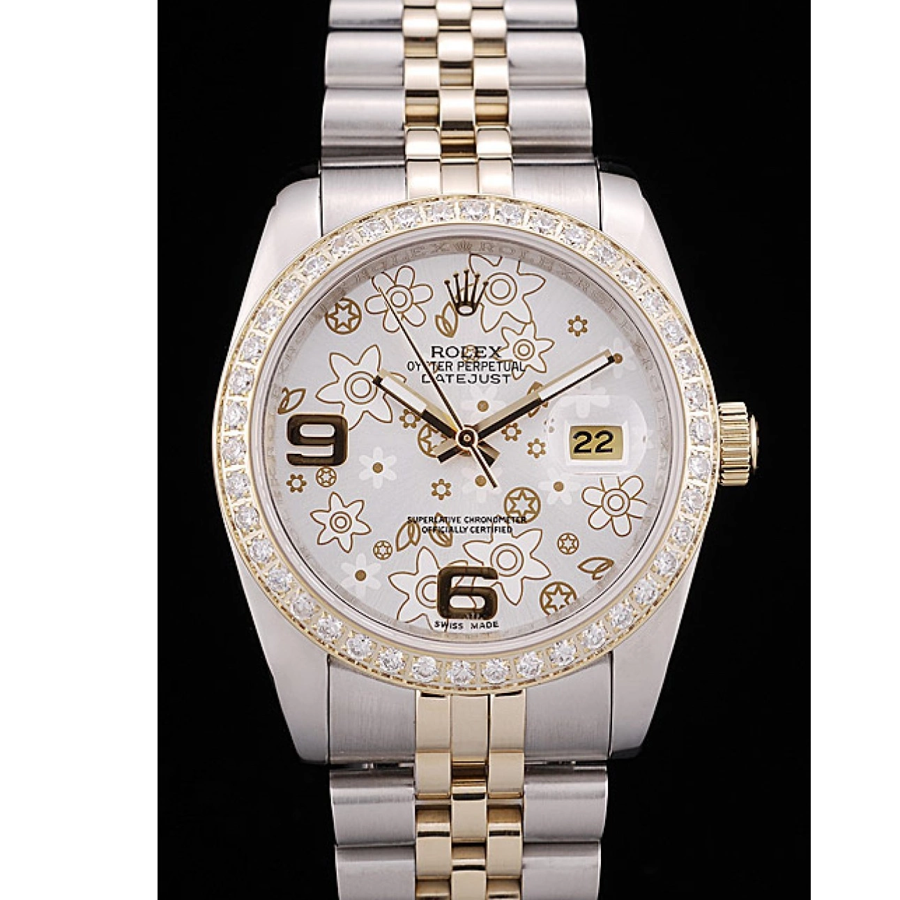 MiroTime 0718 Rolex DateJust Brushed Stainless Steel Case Silver Flowers Dial Diamonds Plated